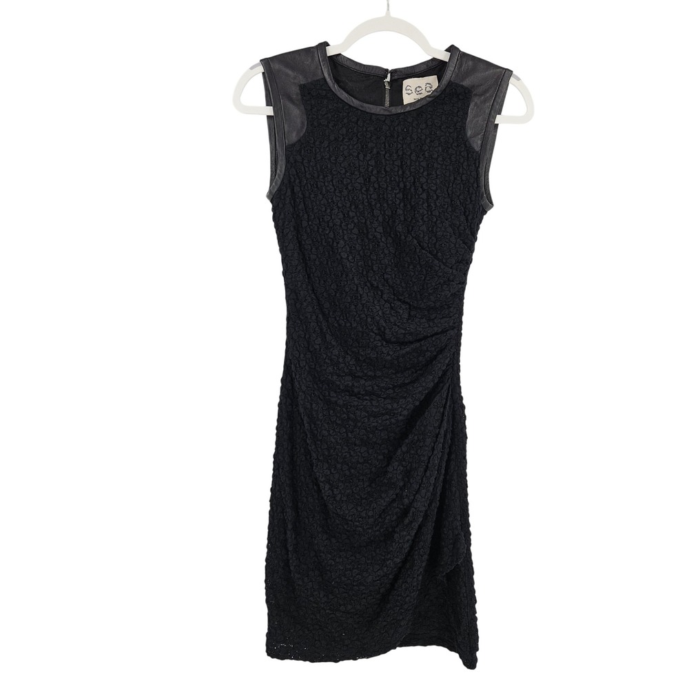Sea New York Lace Bodycon Mini Dress Black Leather Trim Cocktail Size 2